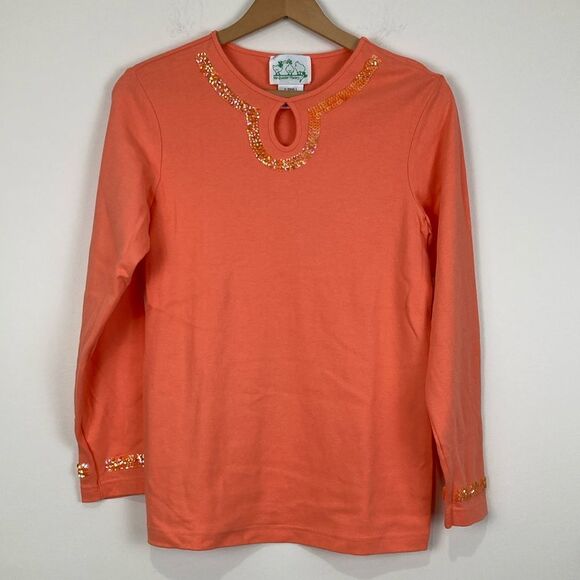 Quacker Factory Shirt XS Orange Sequence Neckline Long Sleeve Autumn Pumpkin - Picture 1 of 6